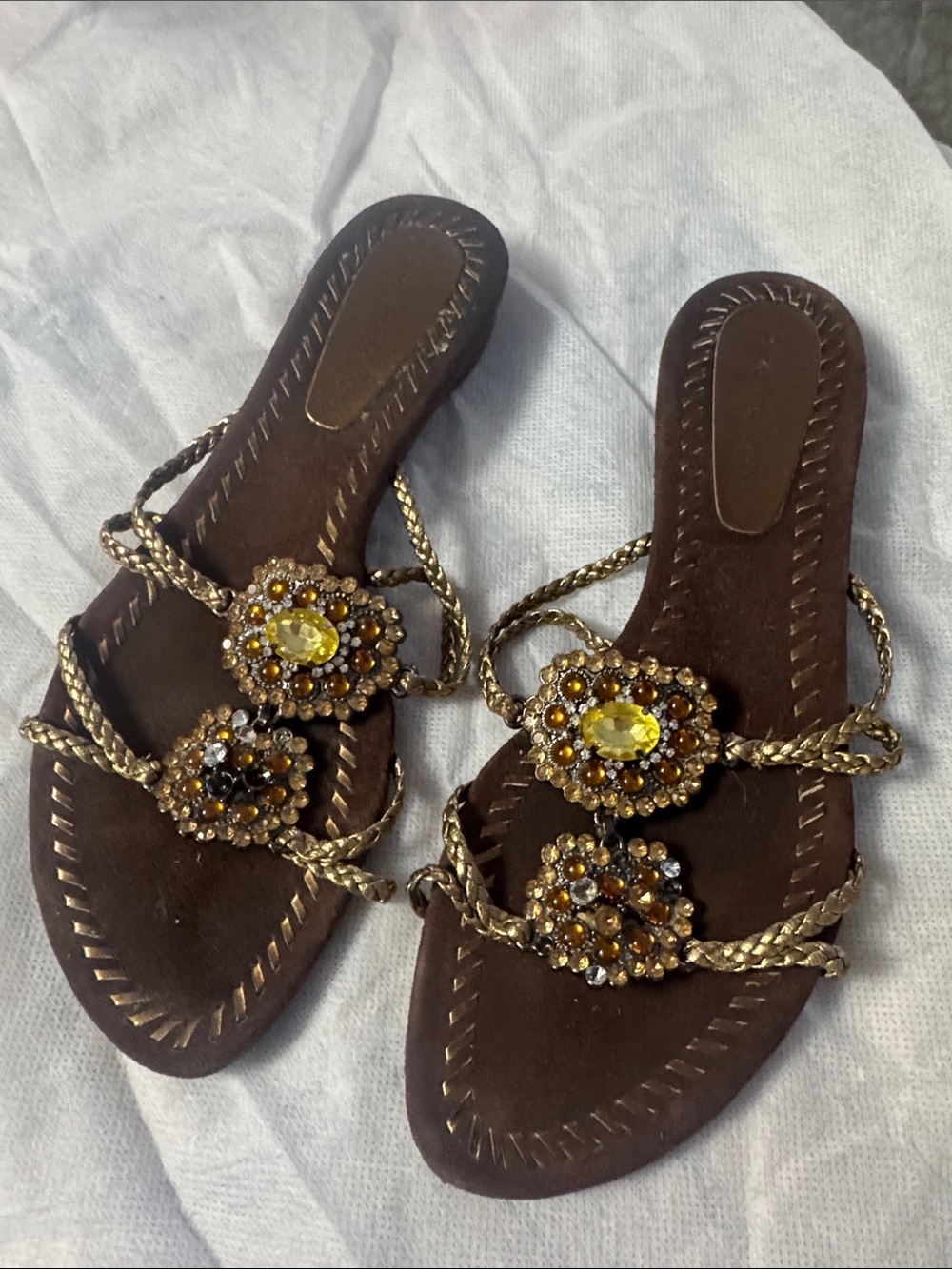 Enzo Angiolini Brown Slide Sandals with Gold Braided Straps and Amber Beading